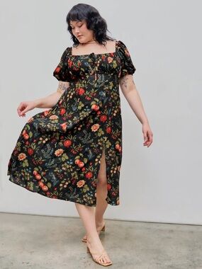Cider Fruit Square Neck Puff Sleeve Midi Dress Curve 4xl